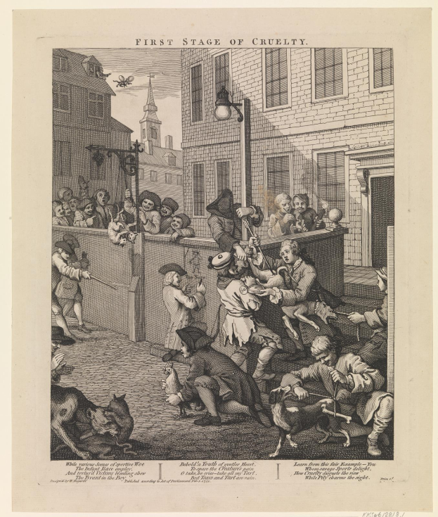 Eine Gruppe von Menschen und Tieren versammelt sich um ein Gebäude mit Fenstern und einer Laterne, mit dem Text "Erste Stufe der Grausamkeit" unten.