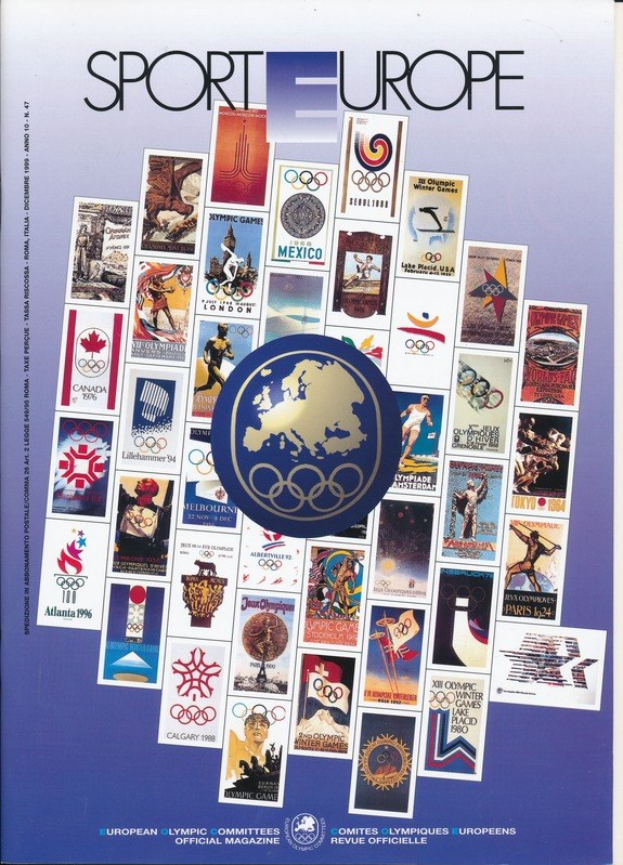 Buchumschlag mit dem Titel "Sporting Europe", der farbenfrohe Olympische Spiele-Imagery und Text enthält und europäische Olympische Symbole und Designs hervorhebt.