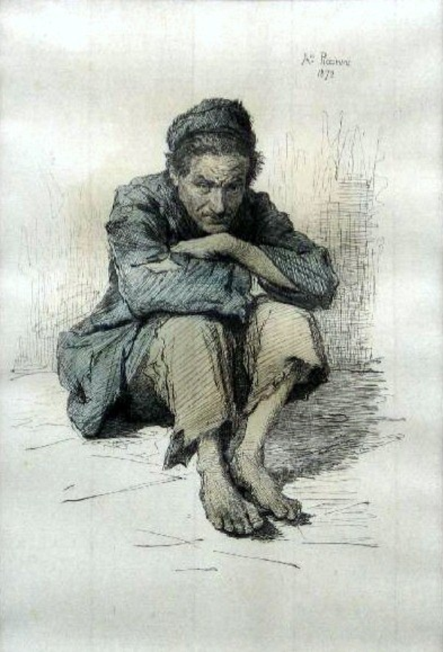 Eine Schwarz-Weiß-Zeichnung eines Mannes, der auf dem Boden sitzt, den Kopf gesenkt, die Hände gefaltet, mit Text oben und unten auf dem Papier, der Einsamkeit, Obdachlosigkeit und Verzweiflung vermittelt.