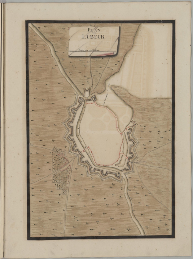 Ein abgenutztes Buch mit einer detaillierten Karte von Lübeck auf dem Cover, das Straßen, Gebäude, Sehenswürdigkeiten und historische Texte über die Stadt zeigt.