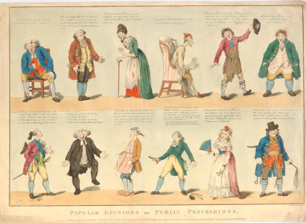 Ein Blatt mit Fotos von Menschen und handgeschriebenem Text, der öffentliche Meinungen zu einem Verfahren zusammenfasst.