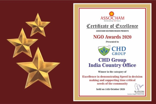 Auszeichnung für die NGO Awards 2020, mit 'Chd Group India Country Office' Text und einem Schild-Logo mit einem zentralen Stern und Lorbeerkranz.