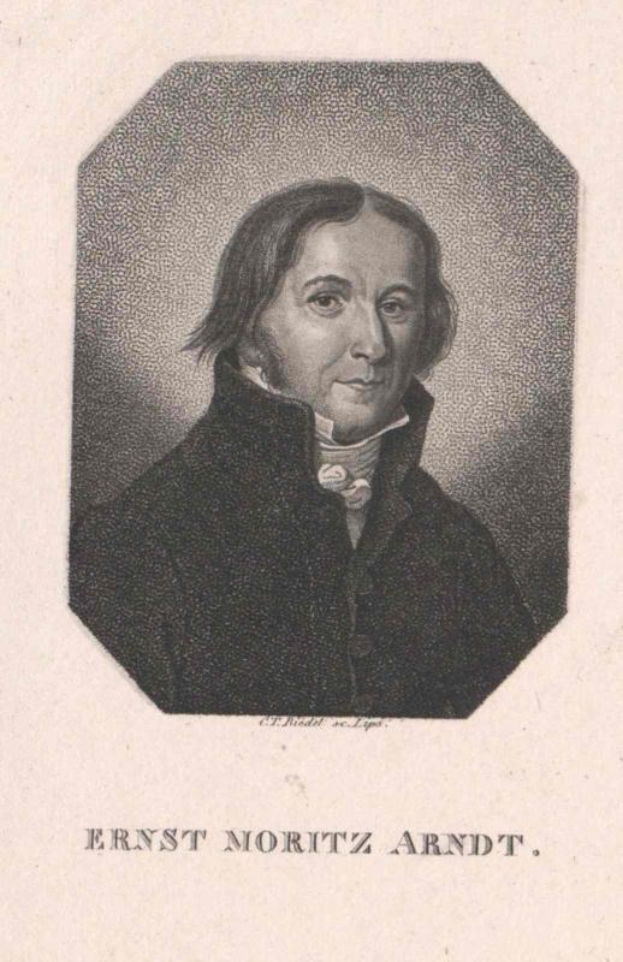 Schwarzes und weißes Porträt von Ernst Moritz Arndt, einem deutschen Komponisten, mit Text am unteren Bildrand.