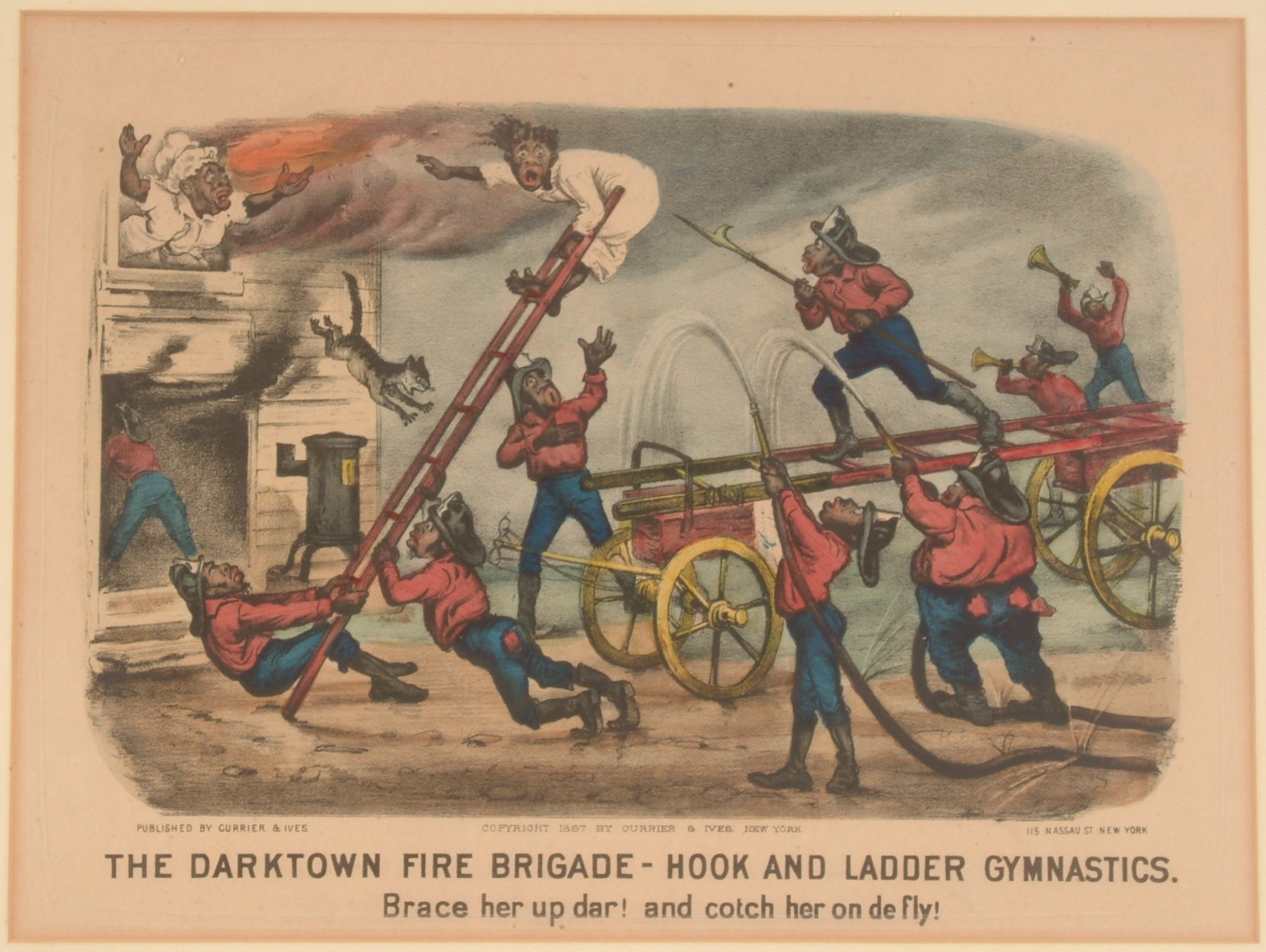Plakat mit der Aufschrift 'The Darktown Fire Brigade - Hook and Ladder Gymnastics', das eine Gruppe von Menschen zeigt, die Leitern und andere Gegenstände halten, mit einem Pferdewagen im Hintergrund.
