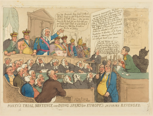 Cartoon-Illustration einer Gerichtsszene mit einem stehenden Mann in der Mitte, sitzenden Personen, einem Tisch mit Gegenständen auf der rechten Seite und dem Text "Boney's Trial, Sentence and Dying Speech Europe's Injuries Revenged" unten.