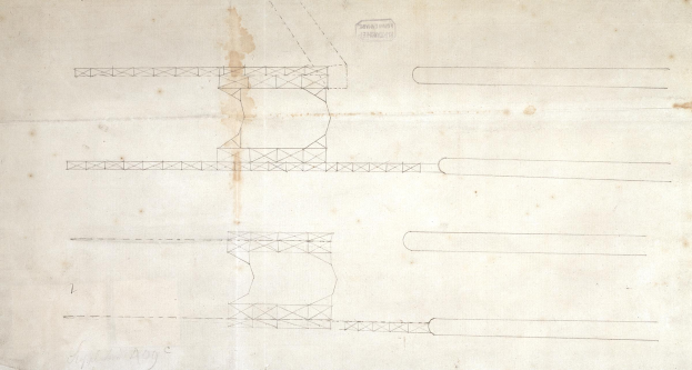 ArchitektonischerBlueprint eines Gebäudes mit ausführlicher Linienführung, wahrscheinlich ein Brückenbauplan, einschließlich detaillierter Zeichnungen und Textanmerkungen.