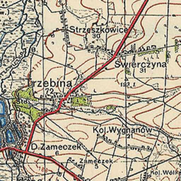 Eine topografische Karte von Szczecin, Polen, die eine Bahnroute von der Stadt zu einer anderen Stadt mit Text und Linien zeigt.
