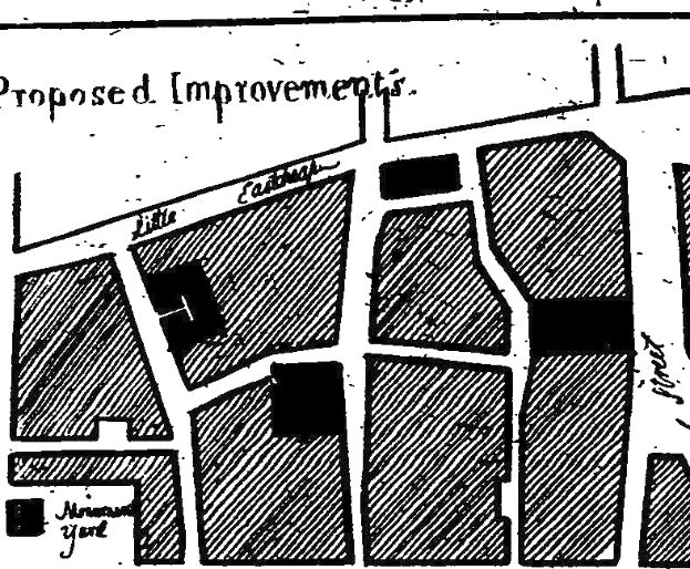 Schwarze und weiße Stadtkarte beschriftet mit "Vorgeschlagene Verbesserungen", die Straßen, Gebäude und Sehenswürdigkeiten zeigt.