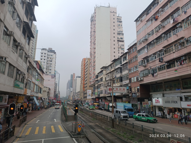 Eine belebte Stadtstraße mit hohen Gebäuden, Fahrzeugen, Fußgängern, Ampeln, Schildern, Geländern und einem Himmel im Hintergrund.