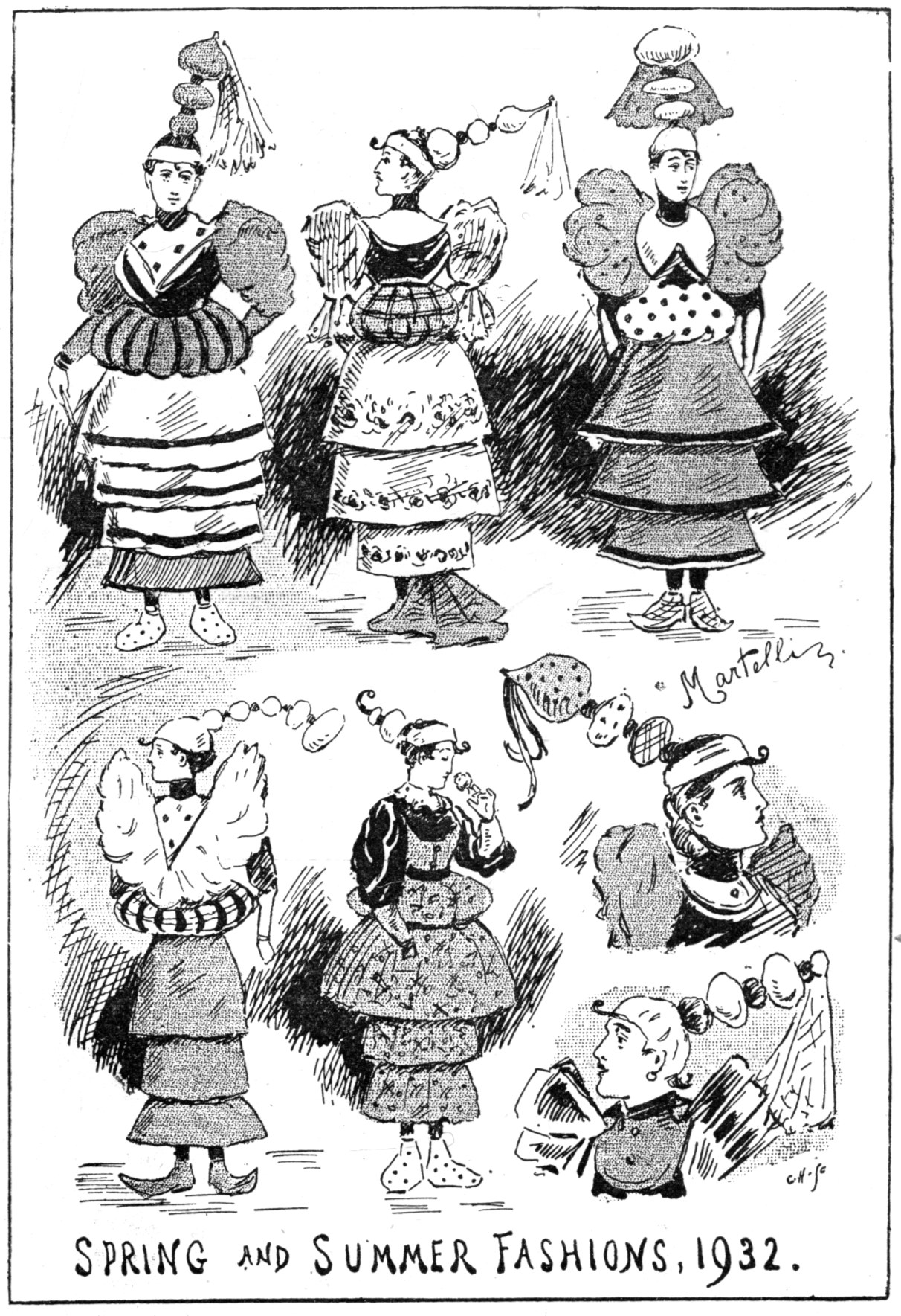 Modeillustration von Frauen in 1932 Frühjahrs- und Sommerkleidern mit beschreibendem Text.