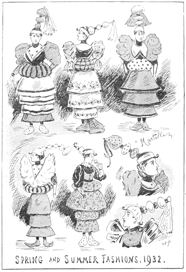 Modeillustration von Frauen in 1932 Frühjahrs- und Sommerkleidern mit beschreibendem Text.