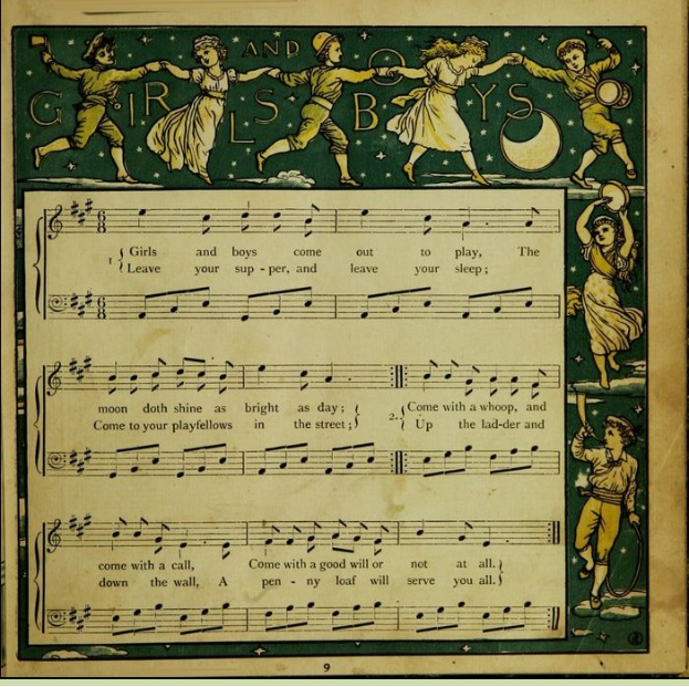 Ein Blatt mit einem Bild von fröhlich tanzenden Kindern in bunten Kleidern, begleitet von einer Partitur mit dem Titel "Girls and Boys".