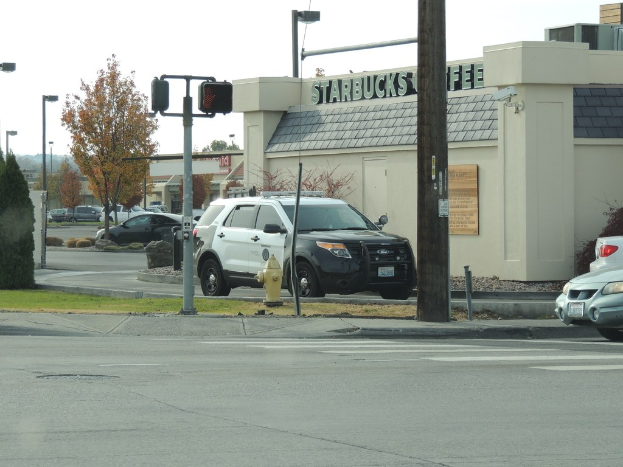 Eine Straßenszene mit Fahrzeugen, Gebäuden, Straßenlaternen, einer am Mast angebrachten Tafel, einem Hydranten, Bäumen, Gras und Himmel.