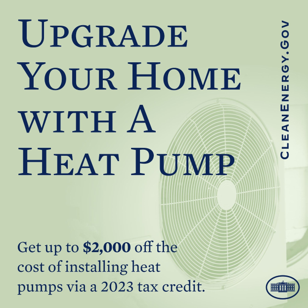 Plakat zur Werbung für Heizpumpen-Upgrades in Haushalten, mit einem Bild einer Heizpumpe und dem Text "Upgrade Your Home with a Heat Pump."