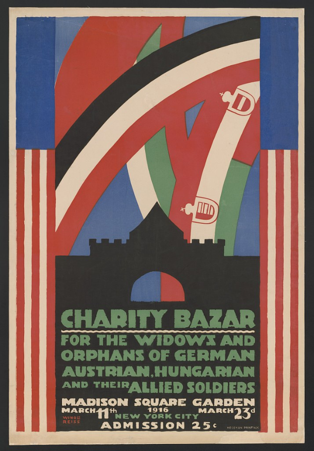 Plakat für einen Wohltätigkeitsbasar zugunsten von Witwen und Waisen deutscher, australischer, ungarischer und alliierter Soldaten mit Ereignisinformationen im Text.