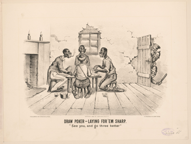 Gruppe von Menschen an einem Tisch Poker spielend mit einer Wand, einem Fenster, einer Tür und verschiedenen Gegenständen im Hintergrund und Text, der unten lautet "Draw Poker - Laying for 'em Sharp".