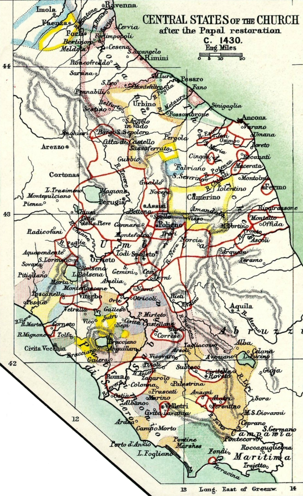 Detailierte Landkarte des Zentralstaates der Kirche nach der Napa-Renovierung, zeigt Städte, Ortschaften und geografische Merkmale mit Renovierungsereignisdetails.