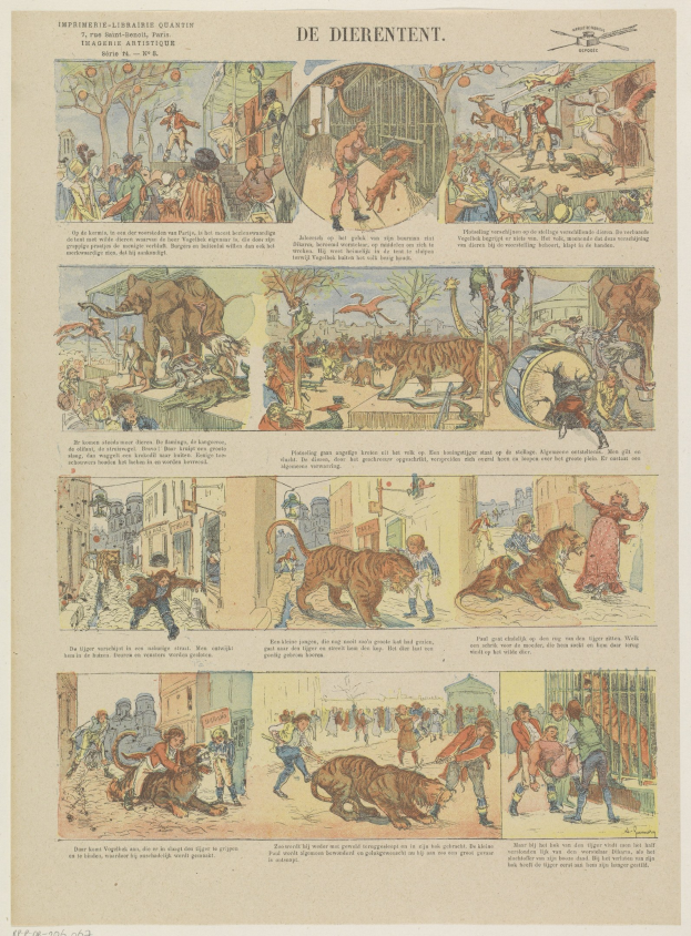 Illustration einer Gruppe von Menschen und Tieren, darunter ein Tiger, neben Text auf einer Buchseite.