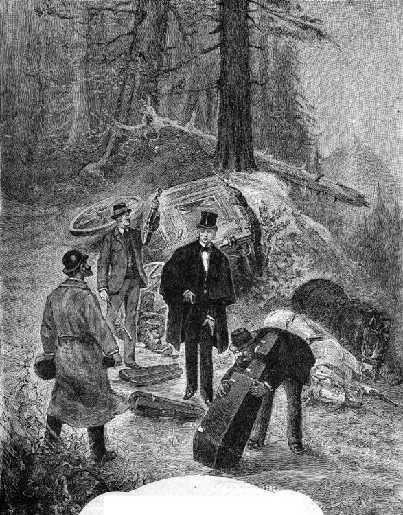 Schwarzes und weißes Bild einer Gruppe von Männern, die um ein Auto in einem bewaldeten Gebiet stehen, wobei einer ein Gewehr hält und unten ein Text steht, der 'Der Tod von George Washington' lautet.