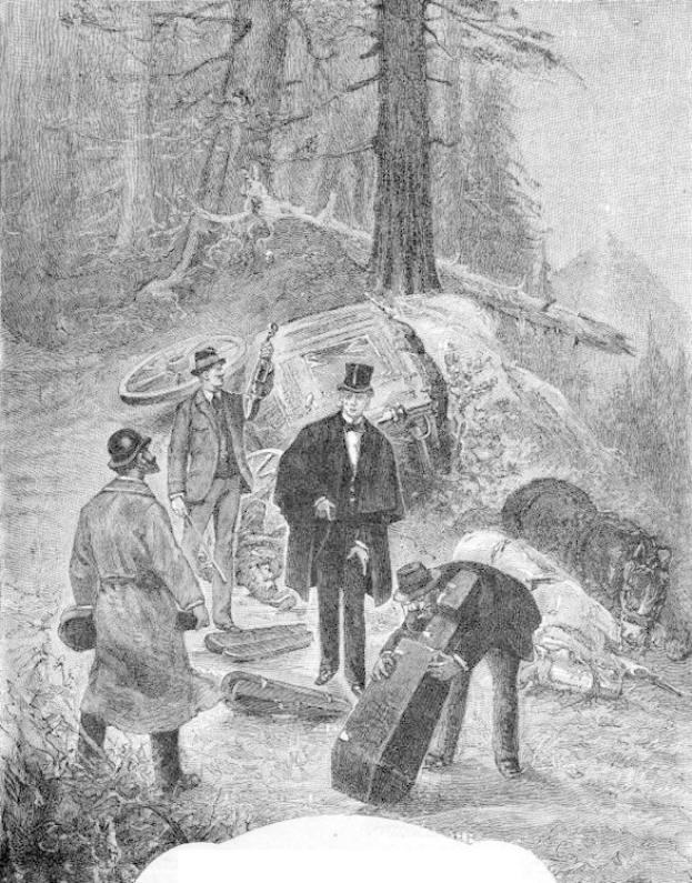 Schwarzes und weißes Bild einer Gruppe von Männern, die um ein Auto in einem bewaldeten Gebiet stehen, wobei einer ein Gewehr hält und unten ein Text steht, der 'Der Tod von George Washington' lautet.