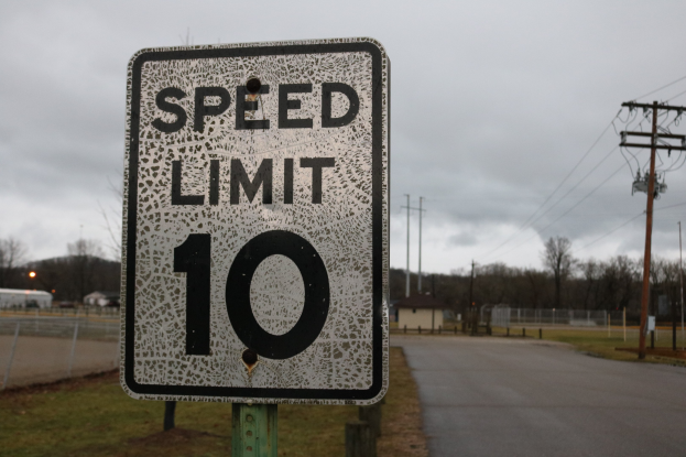Geschwindigkeitsbegrenzungsschild am Straßenrand mit umliegender Wiese, Strommästen, einem Zaun, Häusern, Bäumen und einem bewölktem Himmel im Hintergrund.
