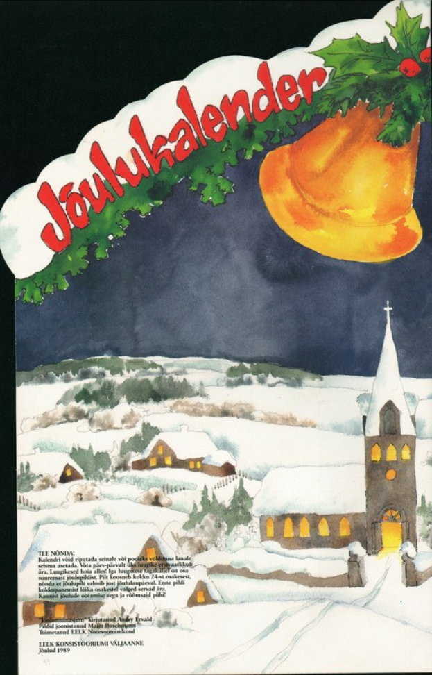 Weihnachtskartenplakat mit verschneitem Dorf und Kirche im Hintergrund, einer Glocke an einem geschmückten Zweig und dem Text "Joulukalender".