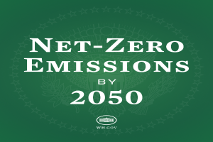 Ein grüner Hintergrund mit der fetten weißen Schrift "net-zero emissions by 2050"