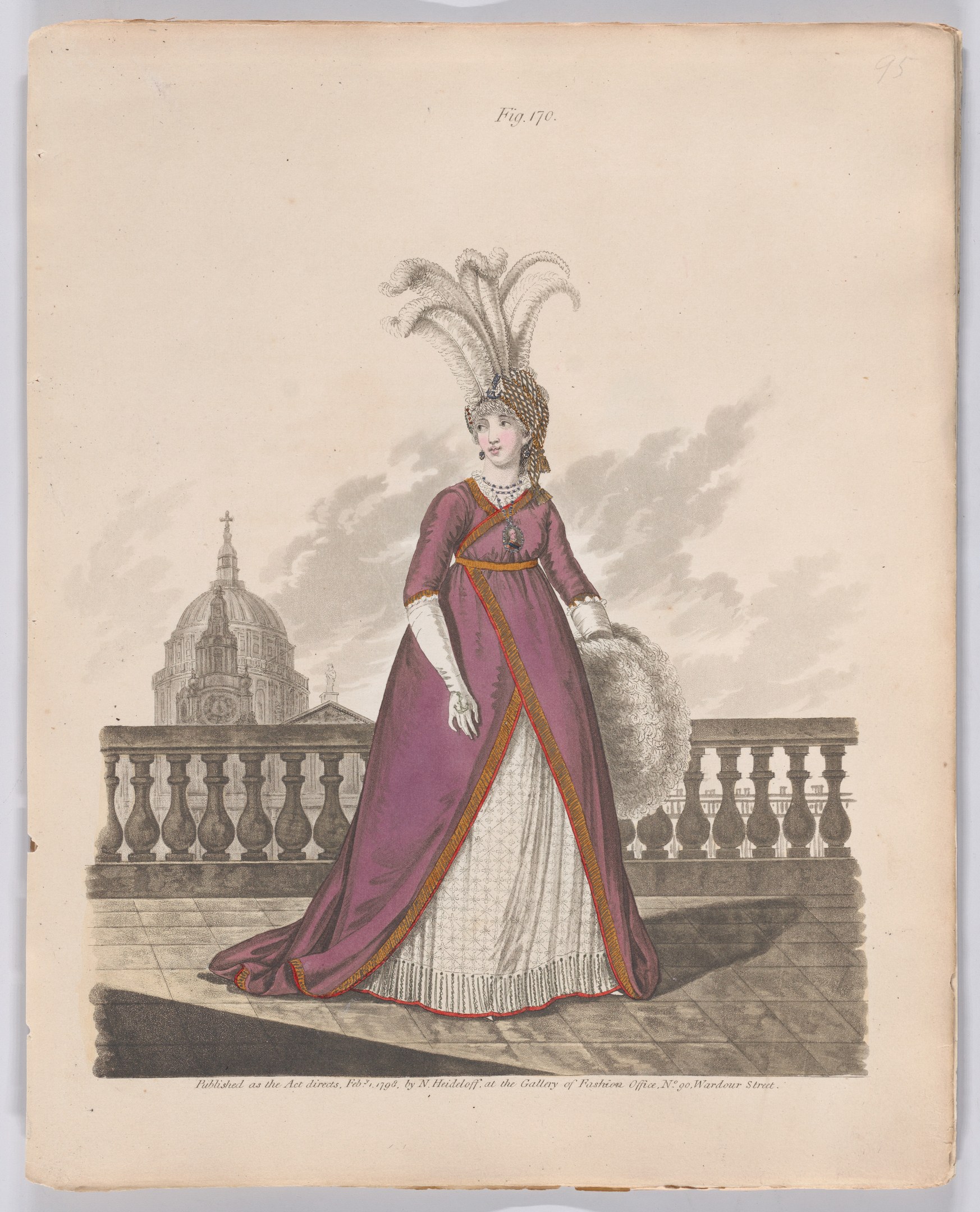 Frau in einem lilafarbenen und weißen Kleid mit einem Federschmuck, der an einem Geländer steht, mit einem Gebäude und Wolken im Hintergrund, beschriftet mit "Mode von New York, New York Street, 1790."
