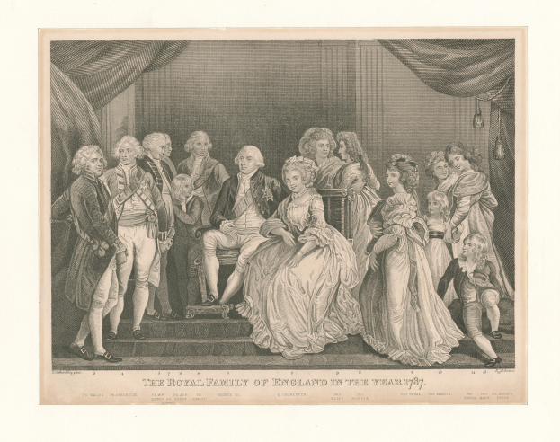 Eine Gruppenporträtaufnahme der englischen Königsfamilie aus dem Jahr 1787, die auf einer Treppe mit Vorhängen im Hintergrund und Text am unteren Rand angeordnet ist.
