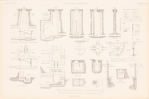 Schwarz-weiß-technische Zeichnung verschiedener Rohre und Ventile mit begleitendem Text auf einer Buchseite.