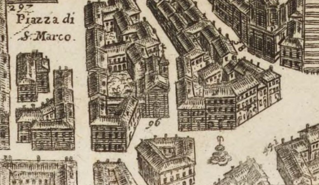 Eine handgezeichnete Stadtansicht mit mehreren Gebäuden mit unterschiedlichen Architekturstilen auf Papier mit handgeschriebenem Text.