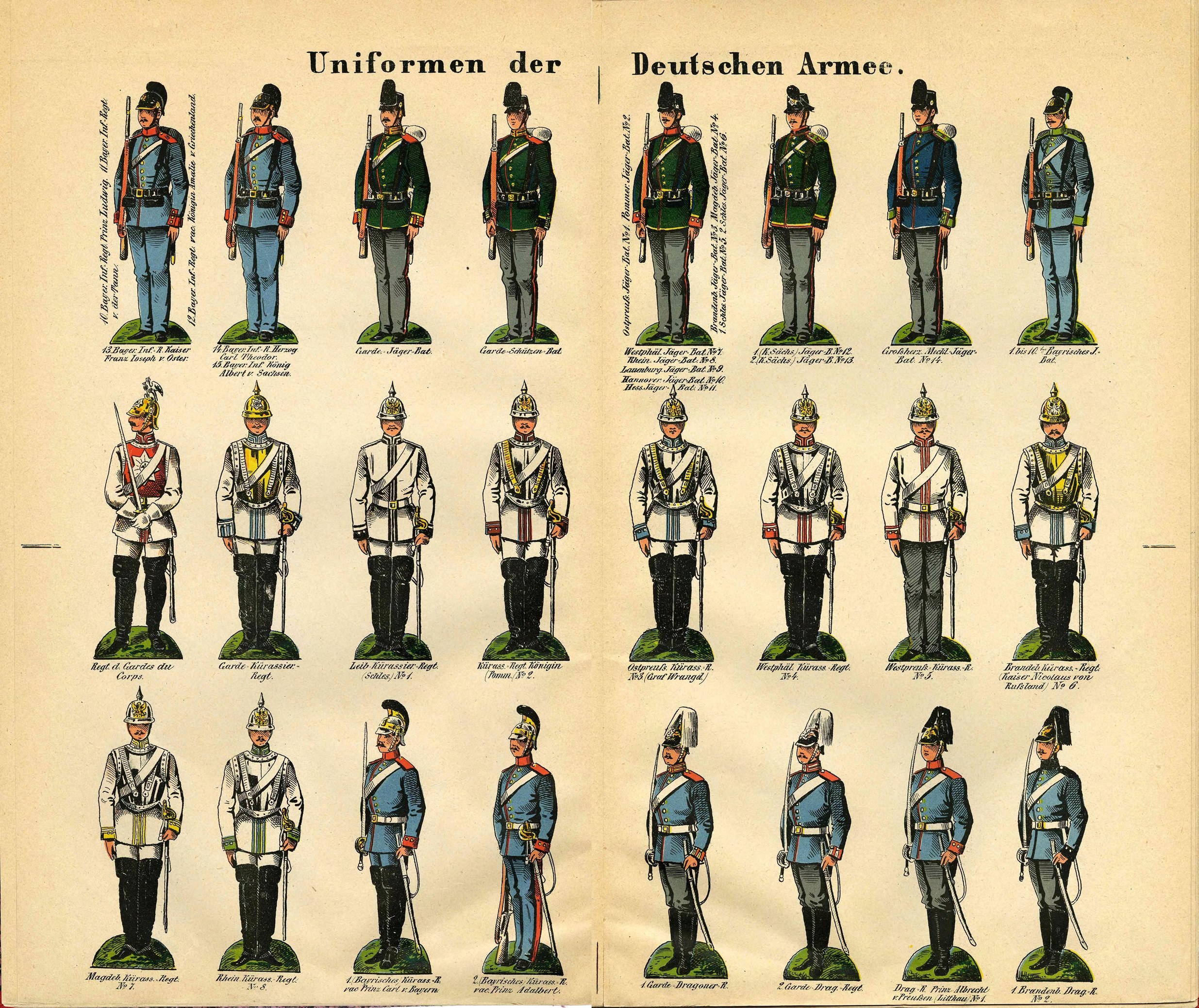 Ein Buch, das bunte deutsche Armee-Militäruniformen mit detaillierten Elementen wie Helmen, Gewehren und Waffen zeigt.