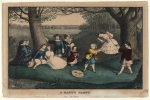 Kinder beim Spielen im Park mit Bäumen und Gras, einige sitzen und andere stehen, mit "Eine fröhliche Party" Text unten.