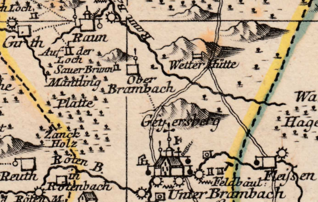 Ausführliche alte Karte von Brambach, Deutschland, die Straßen, Gebäude, Sehenswürdigkeiten, Häuser und Berge mit Textanmerkungen zeigt.