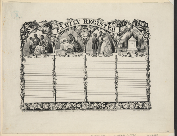 Black and white family register with a group photo in the center and handwritten text detailing family members.