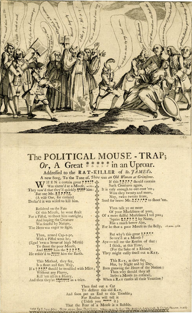 Politischer Cartoon mit dem Titel "Die politische Mausefalle, oder, ein großer Rattenkiller in Aufruhr", der eine aufgeregte Menschenmenge zeigt