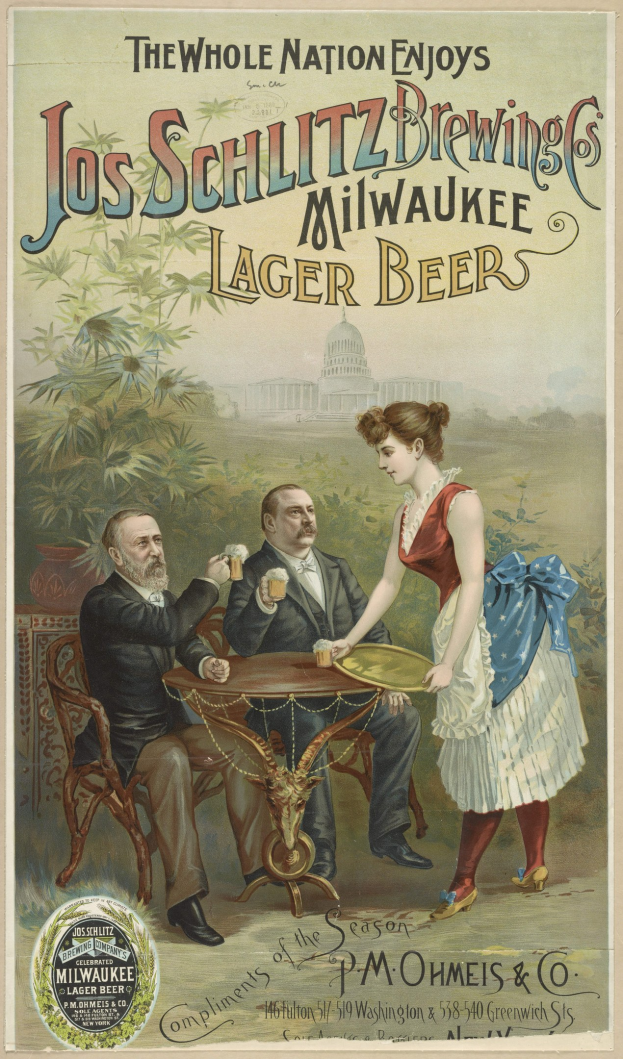 Plakat für Jos. Schlitz Brewing Co.'s Milwaukee Lager Beer, das drei sitzende Personen und eine stehende Frau mit Text zeigt, der das Bier bewirbt.