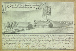 Ein altes Dokument, das einen Hof in einem Feld umgeben von Häusern, Bäumen und Himmel zeigt, beschriftet mit "Surgensburg, Deutschland - Landschaft eines Hofs".