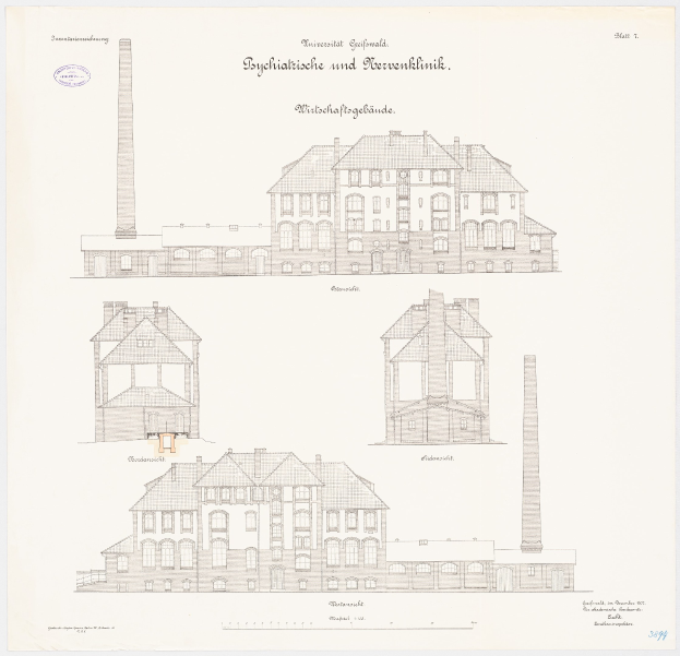 Eine Zeichnung eines Gebäudes mit zahlreichen Fenstern und einem Schornstein, das als psychiatrische Klinik in Deutschland identifiziert wurde, begleitet von handgeschriebenem Text auf demselben Papier.