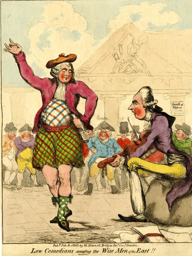 Cartoon-Illustration eines Mannes in einem Kilt und einer Frau in einem Kleid, die vor einem Gebäude für eine Menge auftreten, mit Text unten, der 'Niedrige Komiker, die die weisen Männer des Ostens unterhalten' liest.