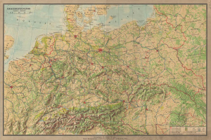 Ein detailliertes altes Deutschland-Karte, das Straßen, Autobahnen und geografische Merkmale zeigt, mit Text oben und unten.