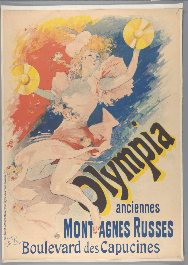 Ein Plakat, das die Olympischen Spiele in Mont-Agnes-Russes, Frankreich, bewirbt und eine Frau mit menschlichem Gesicht zeigt, die ein buntes Kleid trägt und einen Fächer hält, mit Text, der das Ereignis beschreibt.
