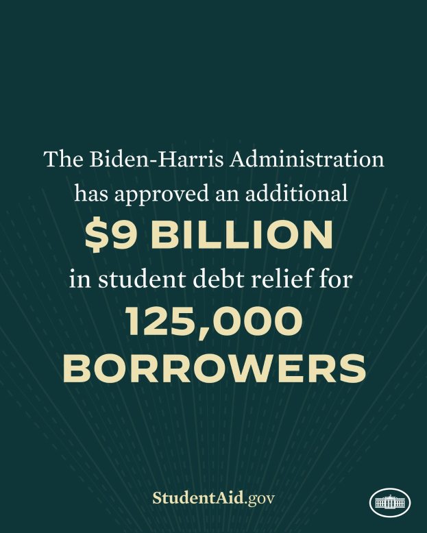 Poster announcing $9 billion in student debt relief for 125,000 borrowers approved by the Biden-Harris Administration with a logo at the bottom.