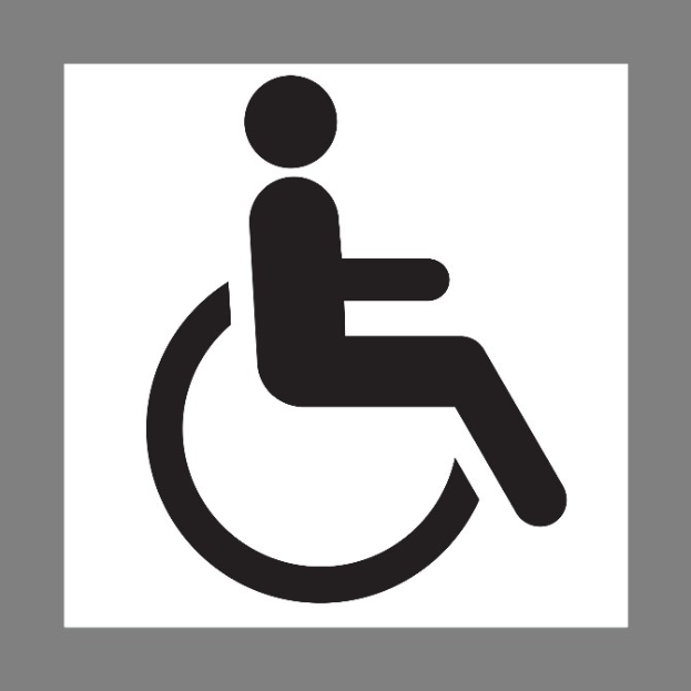Schwarzes und weißes Barrierefreiheitssymbol mit einer Person im Rollstuhl vor einem grauen Hintergrund.