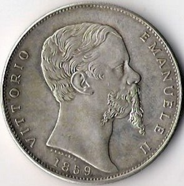 Silbermünze aus Italien aus dem Jahr 1859 mit dem Bildnis eines bärtigen Mannes und der Inschrift "Vittorio Emanuele II".