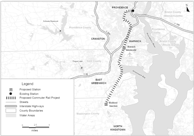 Schwarze und weiße Karte einer Stadt mit einem Fluss, beschriftet mit "Vorgeschlagenes S-Bahn-Projekt" auf der linken Seite, die Straßen, Autobahnen und andere Merkmale zeigt.