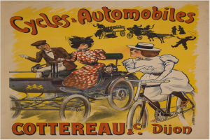 Ein Vintage-Plakat, das Fahrräder und Automobile in Cottereau und Dijon, Frankreich, bewirbt, mit Menschen, die Fahrräder fahren und einer horse-drawn carriage mit dem Text "Fahrräder und Automobile" oben.
