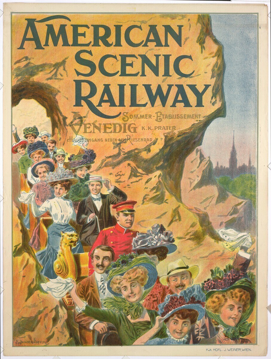 Plakat für die Amerikanische Scenic Railway in Venedig, Deutschland, das Menschen vor Hügeln und einem hellblauen Himmel mit Text und Hüten zeigt.