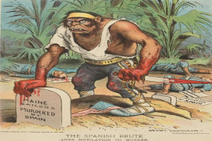 Ein Cartoon zeigt einen Mann mit einem Messer vor einem Grab mit Text, umgeben von Menschen auf dem Boden und Bäumen im Hintergrund; Text unten lautet: "Der spanische Barbar fügt Verstümmelung zum Mord hinzu."