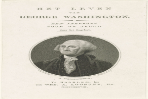 Porträt von George Washington auf Papier mit Text, der nach vorne schaut, mit ernstem Gesichtsausdruck, der einen Anzug und eine Krawatte trägt.